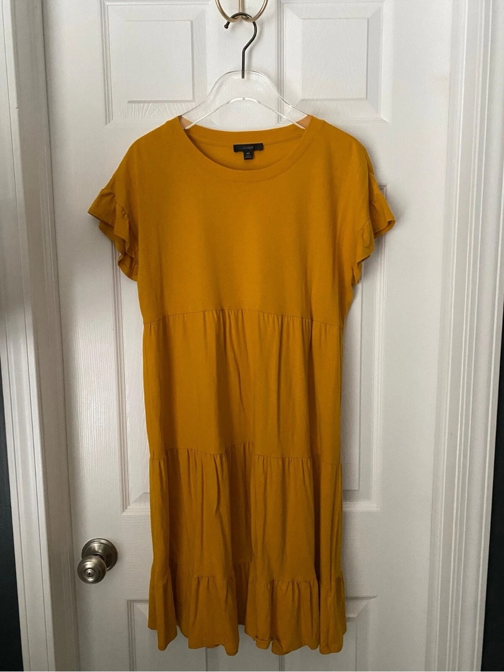 J. Crew Mustard Tiered Mini Dress with Ruffle Sleeves
